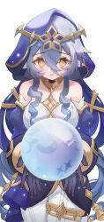 Rule 34 | 1girl, absurdres, bags under eyes, black gloves, blue hair, cowboy shot, crystal ball, detached sleeves, dress, drill hair, drill sidelocks, genshin impact, gloves, gold choker, hair between eyes, highres, hood, hood up, karyeo, layla (genshin impact), light blush, long hair, long sleeves, looking at viewer, off-shoulder dress, off shoulder, pants, parted lips, pointy ears, sidelocks, simple background, solo, twin drills, white background, white dress, white pants, yellow eyes