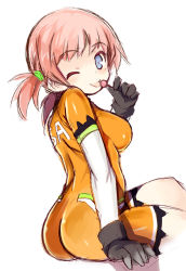 Rule 34 | 1girl, ;p, arm support, ass, black gloves, blush, bodysuit, breasts, closed mouth, from side, gloves, hair tie, kurasuke, long hair, long sleeves, looking at viewer, looking to the side, medium breasts, mezzo forte, one eye closed, orange bodysuit, pink hair, short twintails, sidelocks, sitting, sketch, smile, solo, suzuki mikura, tongue, tongue out, twintails