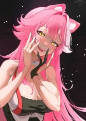 1girl animal_ears artist_name blush breasts commentary dopeybunni eyeshadow fingernails hair_intakes hololive hololive_english large_breasts long_hair looking_at_viewer makeup multicolored_hair nail_polish open_mouth panther_ears panther_girl pink_eyeshadow pink_hair pink_nails raora_panthera raora_panthera_(1st_costume) shirt smile solo streaked_hair teeth two-tone_hair upper_teeth_only virtual_youtuber white_shirt yandere yellow_eyes