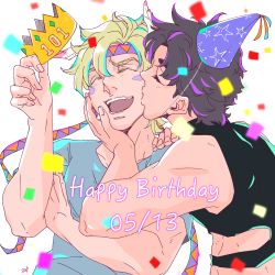 Rule 34 | 2boys, artist name, bare arms, battle tendency, birthday, blonde hair, blue shirt, blurry, blurry background, blurry foreground, brown hair, caesar anthonio zeppeli, clothing cutout, commentary request, confetti, crown, unworn crown, dated, closed eyes, facial mark, feather hair ornament, feathers, hair ornament, happy birthday, hat, headband, unworn headwear, highres, holding, holding crown, jojo no kimyou na bouken, joseph joestar, joseph joestar (young), kiss, kissing cheek, laughing, male focus, multiple boys, open mouth, party hat, shirt, short hair, short sleeves, signature, sleeveless, smile, symbol-only commentary, t-shirt, triangle print, upper body, yaoi, zino