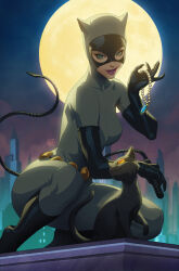 Rule 34 | 1girl, animal hood, batman: the animated series, batman (series), bead necklace, beads, black cat, black footwear, black gloves, blue eyes, boots, building, cat, cat hood, catwoman, dc comics, elbow gloves, full moon, gloves, highres, holding, holding jewelry, holding whip, hood, jewelry, looking at viewer, makeup, mask, moon, necklace, night, night sky, parted lips, red lips, signature, sky, smile, stanley lau, whip
