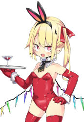Rule 34 | 1girl, @ @, animal ears, black necktie, blush, breasts, cocktail glass, covered navel, cowboy shot, cup, detached collar, drinking glass, elbow gloves, fake animal ears, fang, flandre scarlet, gloves, hair ribbon, hairband, hand on own hip, holding, holding tray, leotard, looking at viewer, necktie, noya makoto, one side up, open mouth, playboy bunny, pointy ears, rabbit ears, red gloves, red leotard, red thighhighs, ribbon, short necktie, simple background, skin fang, small breasts, solo, strapless, strapless leotard, sweatdrop, thighhighs, touhou, tray, white background, wings, wrist cuffs