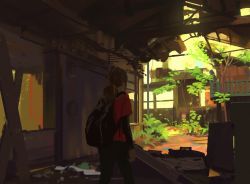 Rule 34 | 1girl, backpack, bag, brown hair, ellie (the last of us), low ponytail, overgrown, plant, ponytail, red shirt, ruins, scenery, shirt, snatti, t-shirt, the last of us, the last of us (series), urban