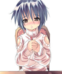 Rule 34 | 00s, 1girl, alternate costume, blue hair, blush, chair, clothing cutout, cosmetics, eyebrows, hair between eyes, holding, lipstick tube, long sleeves, looking at viewer, nagato yuki, on chair, own hands together, parted lips, pink lips, shiranagi, short hair, shoulder cutout, simple background, sitting, solo, suzumiya haruhi no yuuutsu, sweater, table, upper body, white background, yellow eyes