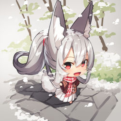 Rule 34 | 1girl, :d, animal ear fluff, animal ears, barefoot, blush, breath, brown jacket, chibi, commentary request, fox ears, fox girl, fox tail, grey background, hair rings, highres, jacket, long hair, long sleeves, looking at viewer, open mouth, original, outdoors, outstretched arms, pleated skirt, ponytail, red eyes, silver hair, skirt, smile, snowing, solo, spread arms, standing, standing on one leg, tail, very long hair, white skirt, wide sleeves, yuuji (yukimimi)