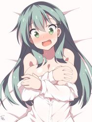 Rule 34 | 10s, 1girl, 2017, artist name, bare shoulders, bed sheet, blush, breasts, buttons, cleavage, collarbone, covering privates, covering breasts, dated, dress shirt, green eyes, green hair, hair between eyes, hair ornament, hairclip, hands up, highres, hoppege, kantai collection, large breasts, long hair, long sleeves, lying, nose blush, off shoulder, on back, on bed, shirt, surprised, suzuya (kancolle), sweatdrop, upper body, white shirt
