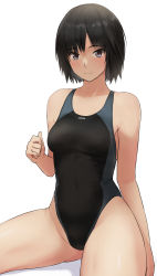 Rule 34 | 1girl, amagami, black eyes, black hair, black one-piece swimsuit, blue one-piece swimsuit, breasts, closed mouth, commentary, competition swimsuit, curled fingers, groin, highleg, highres, light blush, looking at viewer, medium breasts, nanasaki ai, one-piece swimsuit, shadow, short hair, simple background, sitting, smile, solo, swimsuit, two-tone swimsuit, white background, yoo tenchi