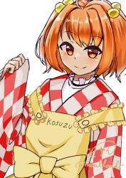 Rule 34 | 1girl, apron, bell, blush, character name, checkered clothes, checkered kimono, hair bell, hair ornament, highres, japanese clothes, kimono, looking at viewer, motoori kosuzu, orange eyes, orange hair, rital, short hair, simple background, sleeves past wrists, smile, solo, touhou, two side up, upper body, white background
