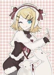 Rule 34 | 0211nami, 1girl, :p, blonde hair, checkered background, coat, hair ornament, hairpin, kagamine rin, lamb, multicolored background, one eye closed, red background, sheep, solo, tongue, tongue out, upper body, vocaloid, white background, winter clothes, winter coat, zekkyou!? ookami no mori e youkoso! (project sekai)