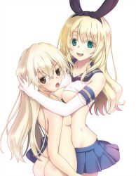 Rule 34 | 2girls, alternate costume, ass, asymmetrical docking, atago (kancolle), blonde hair, breast press, breasts, brown eyes, butt crack, clothed female nude female, cosplay, crop top, elbow gloves, gloves, green eyes, groin, hair ribbon, hug, kantai collection, large breasts, long hair, looking at viewer, midriff, miniskirt, multiple girls, nude, open mouth, ribbon, school uniform, serafuku, shimakaze (kancolle) (cosplay), shimakaze (kancolle), shiromochi, shiromochiko, skirt, undersized clothes