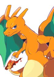 Rule 34 | absurdres, animal focus, bad id, bad pixiv id, blue eyes, charizard, claws, closed mouth, creatures (company), dragon, fangs, fangs out, fire, flame-tipped tail, game freak, gen 1 pokemon, hao (pixiv 10705622), highres, looking at viewer, nintendo, no humans, pokemon, pokemon (creature), simple background, solo, standing, white background