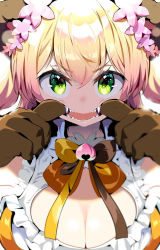 Rule 34 | 1girl, aloe (kenkou3733), animal ears, bear ears, bear girl, bear paws, bell, blonde hair, bow, bowtie, breasts, cleavage, cleavage cutout, clothing cutout, fangs, flower, frilled shirt, frills, gradient hair, green eyes, hair flower, hair ornament, highres, hololive, jingle bell, large breasts, long hair, looking at viewer, momosuzu nene, mouth pull, multicolored hair, multicolored neckwear, neck bell, orange shirt, peach ornament, pink hair, portrait, sharp teeth, shirt, sleeveless, sleeveless shirt, solo, teeth, two side up, v-shaped eyebrows, virtual youtuber
