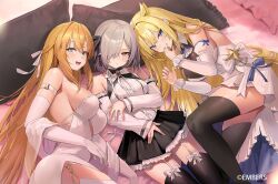 Rule 34 | 3girls, ash arms, backless dress, backless outfit, bare shoulders, black skirt, black thighhighs, blonde hair, blue eyes, breasts, brooch, character request, detached sleeves, dress, freng, frilled skirt, frills, garter straps, grey hair, grin, hair flaps, hair over one eye, highres, jewelry, juliet sleeves, large breasts, long hair, long sleeves, looking at viewer, lying, medium breasts, miniskirt, multiple girls, on back, on side, pillow, puffy sleeves, red eyes, shirt, short hair, skirt, sleeveless, sleeveless dress, sleeveless shirt, smile, strapless, strapless dress, thighhighs, thighs, very long hair, white dress, white shirt, white thighhighs, zettai ryouiki