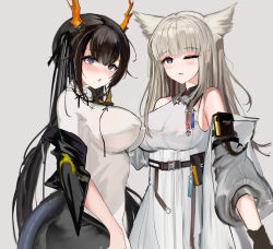 Rule 34 | 2girls, :o, absurdres, animal ears, arknights, arknights: endfield, bare shoulders, belt, belt pouch, black hair, blue eyes, blunt bangs, blush, breasts, character request, chen qianyu (arknights), chinese commentary, clothing cutout, commentary request, covered erect nipples, cowboy shot, dragon girl, dragon horns, dragon tail, dress, grey background, grey jacket, hand on another&#039;s chin, highres, horns, impossible clothes, impossible dress, jacket, large breasts, long hair, looking at viewer, mikuning, multiple girls, off shoulder, one eye closed, open clothes, open jacket, perlica (arknights), pouch, prototype design, purple eyes, revision, silver hair, simple background, tail, tail through clothes, twintails, very long hair, white dress