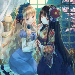 Rule 34 | 2girls, black hair, blonde hair, blue eyes, blush, bow, bug, butterfly, cherry blossoms, curtains, dress, flower, hair bow, hair flower, hair ornament, hakama, hakama skirt, head wreath, insect, japanese clothes, kimono, lamp, long hair, long sleeves, multiple girls, namanie, original, palms, parted lips, petals, red eyes, skirt, smile, symmetrical hand pose, symmetry, window