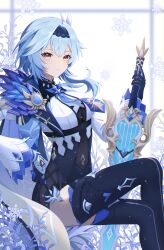 Rule 34 | 1girl, :/, absurdres, ausam, black footwear, black gloves, black hairband, blue cape, blue hair, blue necktie, boots, breasts, cape, chest harness, eula (genshin impact), feet out of frame, genshin impact, gloves, greatsword, hair between eyes, hairband, harness, high-waist shorts, highres, holding, holding sword, holding weapon, looking at viewer, medium breasts, medium hair, necktie, shorts, side cape, sitting, snowflakes, solo, song of broken pines (genshin impact), sword, thigh boots, vision (genshin impact), weapon, white sleeves, wide sleeves, yellow eyes