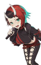 Rule 34 | 1girl, absurdres, asymmetrical horns, black hair, black jacket, black pants, black sports bra, blue eyes, breasts, chain, commentary request, cropped jacket, cross-laced pants, demon girl, demon horns, feet out of frame, highres, holding, holding microphone, horns, jacket, kyousei leica, large breasts, long sleeves, looking at viewer, microphone, midriff, multicolored hair, nanashi inc., open clothes, open jacket, open mouth, pants, red hair, red sports bra, ryugasaki rene, ryugasaki rene (1st costume), short bangs, short hair, simple background, solo, sports bra, two-tone hair, two-tone sports bra, uneven horns, unzipped, virtual youtuber, white background, white horns