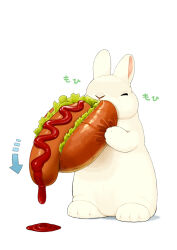 Rule 34 | animal focus, arrow (symbol), closed eyes, eating, facing viewer, food, full body, furry, holding, holding food, hot dog, ketchup, lettuce, lilac (p-f easy), no humans, original, rabbit, shadow, simple background, standing, white background
