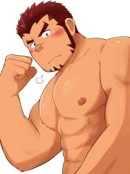 Rule 34 | 1boy, absurdres, akashi (live a hero), bara, blush, clenched hand, facial hair, flexing, goatee, highres, large pectorals, live a hero, long sideburns, looking at viewer, male focus, muscular, muscular male, nipples, nude, pectorals, puff of air, red eyes, red hair, scar, scar on face, scar on nose, short hair, sideburns, solo, thick eyebrows, upper body, wada terunosuke