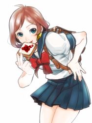 Rule 34 | 1girl, ace attorney, backpack, bag, blue eyes, blue skirt, bow, bread slice, brown hair, cowboy shot, earrings, eating, food, food in mouth, jewelry, mksb (3548), mouth hold, pleated skirt, red bow, school uniform, serafuku, short hair, skirt, smile, solo, toast, toast in mouth, trucy wright, white background