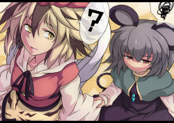 Rule 34 | 2girls, animal ears, bad id, bad pixiv id, blonde hair, female focus, grey hair, jewelry, mouse ears, mouse tail, multiple girls, nazrin, pendant, red eyes, short hair, standing, tail, toramaru shou, touhou, yude