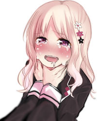Rule 34 | 10s, 1girl, artist request, asphyxiation, black shirt, blonde hair, blush, crying, crying with eyes open, diabolik lovers, drooling, flower, hair flower, hair ornament, hands on another&#039;s neck, hands up, komori yui, long hair, long sleeves, looking at viewer, nose blush, open mouth, parted bangs, purple eyes, saliva, saliva trail, school uniform, shirt, simple background, smile, solo, solo focus, strangling, tears, teeth, upper body, white background