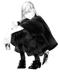 Rule 34 | 1girl, argyle, argyle clothes, argyle legwear, coffee cup, cup, disposable cup, full body, grey eyes, greyscale, highres, holster, long hair, looking at viewer, monochrome, one eye closed, original, pantyhose, poncho, scissors, solo, sousou (sousouworks), squatting, white hair