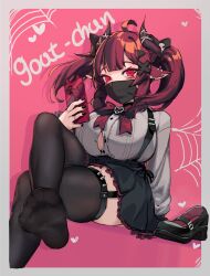 Rule 34 | 1girl, absurdres, ahoge, animal ears, black bow, black footwear, black horns, black nails, black skirt, black thighhighs, border, bow, bowtie, breasts, bursting breasts, cellphone, character name, eyelashes, feet, foot out of frame, frilled skirt, frills, garter straps, goat-chan (enarane), grey border, grey shirt, hair bow, hair ornament, highres, holding, horn ornament, horns, huge breasts, k-rha&#039;s, knee up, legs, long hair, long sleeves, looking at viewer, mask, mouth mask, no shoes, original, phone, pink background, pleated skirt, red bow, red bowtie, red eyes, red hair, shirt, shoes, sidelocks, sitting, skindentation, skirt, smartphone, soles, solo, suspender skirt, suspenders, symbol-shaped pupils, thighhighs, thighs, toes, twintails, unworn shoes, x hair ornament