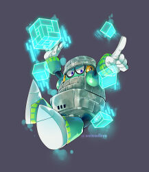 Rule 34 | 1boy, android, aoinudayo, armor, arms up, artist name, block (object), block man, blocks, blue armor, blue eyes, capcom, commentary request, everyone, face mask, full body, gloves, grey armor, grey background, grey headwear, hands up, helmet, hologram, in air, joints, looking down, male focus, mask, mega man (classic), mega man (series), mega man 11, midair, multicolored armor, no mouth, pointing, robot, robot ears, robot joints, shoulder armor, solo, tagme, vambraces, white footwear, white gloves
