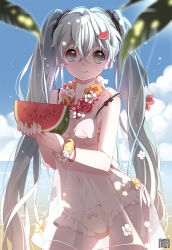 Rule 34 | 1girl, backlighting, bad id, bad pixiv id, beach, bikini, blue eyes, blue hair, blurry, blush, bow, bow bikini, bracelet, breasts, cleavage, cloud, cowboy shot, day, depth of field, earrings, flower, flower necklace, food, food-themed hair ornament, frilled bikini, frills, fruit, hair ornament, hairclip, hatsune miku, jewelry, long hair, looking at viewer, matching hair/eyes, mia0309, nail polish, navel, necklace, ocean, outdoors, scrunchie, see-through, sky, smile, solo, swimsuit, very long hair, vocaloid, watermelon