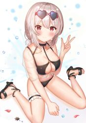 Rule 34 | 1girl, ame sagari, azur lane, belt buckle, bikini, black choker, black footwear, black garter, blunt ends, breasts, bridal garter, bubble, buckle, choker, cleavage, closed mouth, collarbone, commentary request, crop top, eyewear on head, fingernails, frilled garter, front-tie top, full body, hand on ground, heart, heart-shaped eyewear, high heels, large breasts, light blush, long hair, looking at viewer, low-tied long hair, o-ring, o-ring bikini, official alternate costume, petals, red-framed eyewear, red eyes, sandals, see-through, see-through shirt, see-through sleeves, short ponytail, short sleeves, simple background, single bare shoulder, sirius (azur lane), sirius (scorching-hot seirios) (azur lane), sitting, smile, solo, stomach, sunglasses, swimsuit, thighs, toenails, toes, v, wariza, white background, white hair