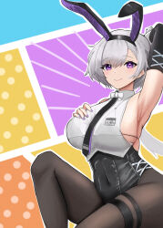 Rule 34 | 1girl, absurdres, animal ears, arm behind head, arm up, armpits, azur lane, bare shoulders, black hairband, black leotard, black necktie, black pantyhose, bow, bowtie, breasts, closed mouth, collared shirt, commentary request, earrings, elbow gloves, fake animal ears, gloves, grey hair, hair between eyes, hairband, hand on own chest, highres, jewelry, large breasts, leotard, leotard under clothes, long hair, looking at viewer, low ponytail, name tag, necktie, official alternate costume, pantyhose, playboy bunny, purple eyes, purple nails, rabbit ears, reno (azur lane), reno (reno bunnino) (azur lane), see-through, see-through shirt, shirt, sideboob, sidelocks, single elbow glove, sitting, sleeveless, smile, solo, soul (dp11), stud earrings, thigh strap, white bow, white bowtie, wrist cuffs