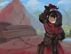Rule 34 | 1girl, arm up, belt, belt pouch, black hair, boots, brown footwear, brown gloves, commentary, cowboy shot, english commentary, gloves, grey background, hand on own hip, hat, highres, original, poncho, pouch, red eyes, red skirt, shade, skirt, smile, souperior, undersized clothes, unworn headwear, witch hat