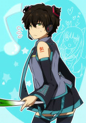 Rule 34 | 1boy, ^^^, animal ears, bare shoulders, blue background, blush, brown hair, chitanda eru, cosplay, crossdressing, detached sleeves, gradient background, green eyes, halftone, halftone background, hatsune miku, hatsune miku (cosplay), headphones, headset, heart, holding, hyouka, kusayusaai, long hair, male focus, musical note, necktie, o o, open mouth, oreki houtarou, short hair, short twintails, skirt, solo, spring onion, star (symbol), sweatdrop, tail, tail wagging, thighhighs, trap, twintails, vocaloid, zettai ryouiki