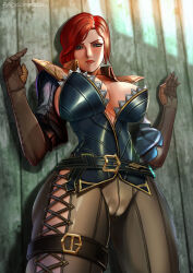 Rule 34 | 1girl, against wall, badcompzero, belt, blue eyes, blush, breasts, cameltoe, cleavage, curvy, freckles, gloves, hands up, highres, huge breasts, league of legends, lips, long hair, looking at viewer, miss fortune (league of legends), narrowed eyes, pants, pirate, red hair, red lips, standing, thick thighs, thighs, tight clothes, tight pants, wide hips