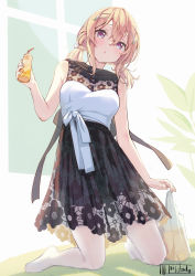 Rule 34 | 1girl, :o, bag, black dress, blonde hair, blue nails, breasts, can, dress, drinking straw, floral print, grass, hair between eyes, hair ornament, hairclip, highres, holding, kagawa ichigo, kneeling, low twintails, medium breasts, medium hair, multicolored clothes, multicolored dress, nail polish, original, pantyhose, plant, plastic bag, purple eyes, short twintails, sidelocks, simple background, solo, twintails, white dress, white pantyhose, window