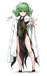 Rule 34 | 10s, 1girl, 2015, artist name, bare legs, black dress, coat, commentary, cosplay, curly hair, dated, dress, flat chest, frown, fubuki (one-punch man), fubuki (one-punch man) (cosplay), full body, fur coat, green eyes, green hair, highres, jacket, jacket on shoulders, jewelry, matching hair/eyes, necklace, no socks, one-punch man, outstretched arm, short hair, side slit, signature, sketch, solo, standing, tachibana roku, tatsumaki, tiptoes, unamused, white background