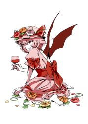 Rule 34 | 1girl, backless dress, backless outfit, bad id, bad pixiv id, barefoot, bow, cup, dress, drinking glass, fang, female focus, flower, grin, hat, hat bow, hat flower, hounori, orange flower, orange rose, petals, pink eyes, pink flower, pink hair, pink rose, plant, remilia scarlet, rose, rose petals, short hair, short sleeves, sitting, smile, solo, touhou, vines, wariza, white flower, white rose, wine glass, wings, yellow flower, yellow rose