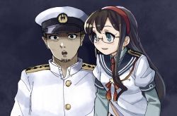 Rule 34 | 1boy, 1girl, admiral (kancolle), black background, blue eyes, blue sailor collar, commentary request, empty eyes, facial hair, glasses, hairband, hat, kantai collection, long hair, mizoki kei, ooyodo (kancolle), open mouth, red hairband, red neckwear, sailor collar, scene reference, school uniform, serafuku, shaded face, simple background, upper body, white headwear