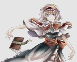 Rule 34 | 1girl, alice margatroid, apron, arm up, blonde hair, blue dress, blue eyes, book, bow, dress, falling, frilled apron, frilled bow, frilled dress, frilled hairband, frills, grey background, grimoire, grimoire of alice, hair between eyes, hairband, lolita hairband, looking at viewer, mitsunara, neckwear request, outstretched arm, red bow, red hairband, red neckwear, red sash, sash, short hair, simple background, solo, touhou