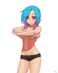 Rule 34 | 1girl, :d, arms up, artist name, bare arms, bare shoulders, black shorts, blue hair, blush, breasts, clothes lift, collarbone, cowboy shot, gradient hair, grin, hair ornament, hairclip, kuroonehalf, lifting own clothes, looking at viewer, medium breasts, multicolored hair, navel, open mouth, original, pink eyes, pink hair, shiny skin, shirt lift, shorts, simple background, sleeveless, smile, solo, standing, star (symbol), star hair ornament, stomach, sweat, tank top, underboob, undressing, white background