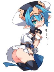 Rule 34 | 1girl, ass, black thighhighs, blue hair, blush, breasts, green eyes, hair between eyes, hat, head tilt, hellmatio, karukan (monjya), long sleeves, looking at viewer, looking to the side, pleated skirt, pointy ears, puffy long sleeves, puffy sleeves, shinrabanshou, simple background, skirt, small breasts, solo, thighhighs, translated, v-shaped eyebrows, white background, white hat, white skirt