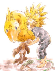 Rule 34 | 1boy, bandaged leg, bandages, barefoot, beak, bird, blonde hair, blue eyes, blue pants, blue shirt, brush, chocobo, cloud strife, feathers, final fantasy, final fantasy vii, grin, leaning forward, leg up, looking at another, male focus, pants, pants rolled up, rag, shirt, short hair, short sleeves, smile, spiked hair, square enix, talons, teeth, torimaru-douhu, white background, yellow feathers