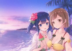Rule 34 | 2girls, beach, bikini, blue hair, blush, bow, breasts, brown hair, cleavage, cloud, coconut, coconut tree, collarbone, emia wang, evening, flower, food, hair flower, hair ornament, hair ribbon, hibiscus, highres, hiryuu (kancolle), holding, jewelry, kantai collection, large breasts, long hair, multiple girls, necklace, o-ring, o-ring bikini, ocean, open mouth, outdoors, palm tree, popsicle, puckered lips, red flower, ribbon, seashell, shell, shell necklace, short hair, side ponytail, sky, souryuu (kancolle), star (sky), swimsuit, tree, twintails, water, watermelon bar