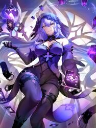 Rule 34 | 1girl, absurdres, bangle, black swan (honkai: star rail), boots, bracelet, breasts, card, cleavage, commentary, covered navel, dress, elbow gloves, feet out of frame, gloves, grin, harukey, highres, holding, holding card, honkai: star rail, honkai (series), jewelry, long hair, looking at viewer, medium breasts, pantyhose, parted lips, purple dress, purple eyes, purple footwear, purple gloves, purple hair, sleeveless, sleeveless dress, smile, solo, thigh boots, thighs, veil, very long hair