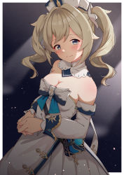Rule 34 | 1girl, barbara (genshin impact), bare shoulders, blonde hair, blue eyes, blush, breasts, cleavage, commentary request, detached collar, detached sleeves, dress, genshin impact, headdress, highres, long hair, long sleeves, looking at viewer, medium breasts, motsutoko, own hands together, sidelocks, smile, solo, strapless, strapless dress, twintails, upper body, white dress