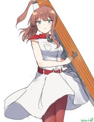 Rule 34 | 1girl, absurdres, anchor ornament, belt, breast pocket, breasts, brown hair, dress, flight deck, grey eyes, high side ponytail, highres, kantai collection, medium breasts, neckerchief, one-hour drawing challenge, pantyhose, pocket, ponytail, red belt, red neckerchief, red pantyhose, robinson (day l full), saratoga (kancolle), side ponytail, sidelocks, simple background, smokestack hair ornament, solo, white background, white dress