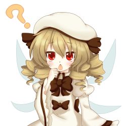 Rule 34 | 1girl, ?, blonde hair, blush, brown hair, chestnut mouth, drill hair, fairy wings, female focus, hat, highres, keyaki chimaki, long hair, luna child, open mouth, red eyes, solo, touhou, transparent background, white background, wings