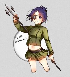 Rule 34 | 1girl, belt, breasts, chrome dokuro, commentary request, cropped legs, dated, eyepatch, frown, green jacket, green skirt, holding, holding polearm, holding weapon, jacket, katekyo hitman reborn!, midriff, miniskirt, navel, polearm, purple eyes, purple hair, skirt, small breasts, solo, spear, tianel ent, twitter username, v-shaped eyebrows, weapon
