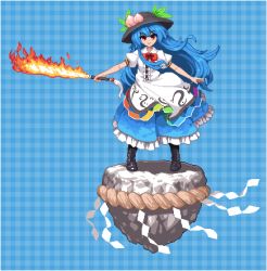 Rule 34 | 1girl, :&gt;, blue background, blue hair, boots, dress, flaming sword, flaming weapon, food, food-themed clothes, frilled dress, frills, fruit, gingham, hat, hinanawi tenshi, keystone, layered dress, long hair, lowres, namako daibakuhatsu, peach, pixel art, red eyes, rope, shide, shimenawa, smile, solo, sword, sword of hisou, touhou, very long hair, weapon